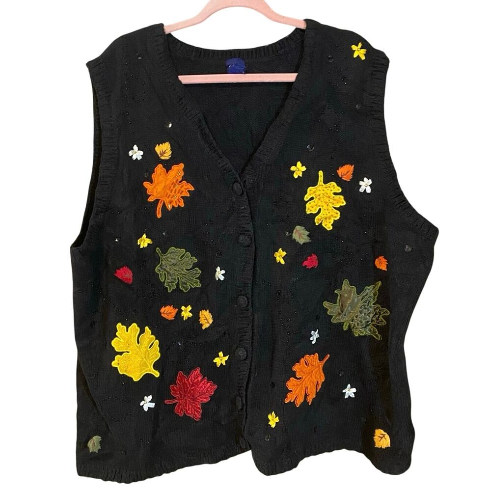 Vintage Basic Editions Fall Leaf Sweater Vest 3X Black Knit Autumn Theme grandma